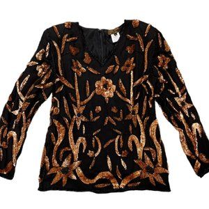 Eve's Allure Silk Bronze Floral Sequin Evening Blouse |Size Large